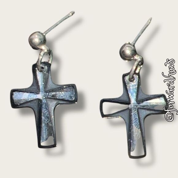 Cross-Shaped Glass Design Stud Dangle Earrings - Picture 1 of 8